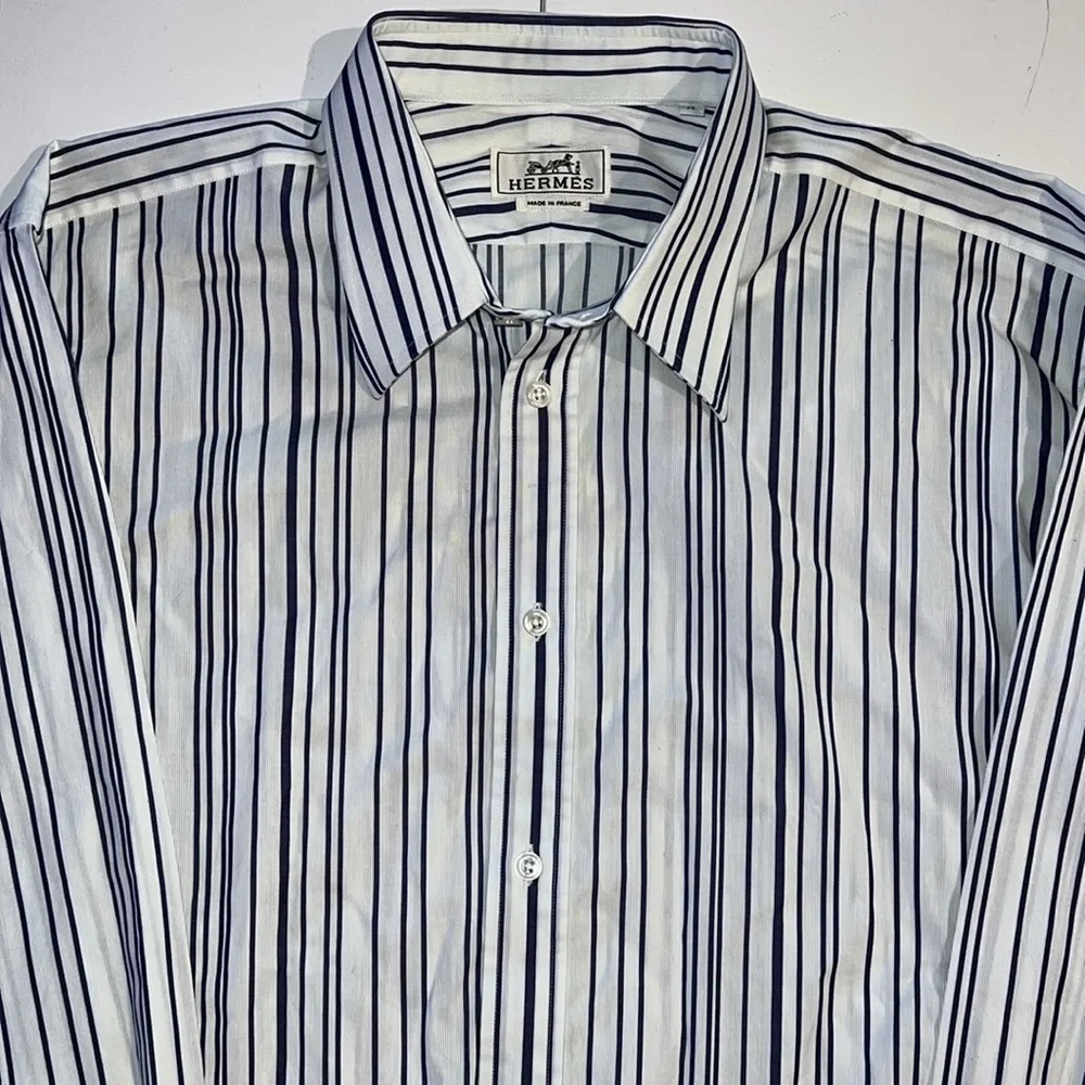 Hermés made in France men’s 43/17 button long sleeve shirt blue and white stripe - Picture 2 of 13